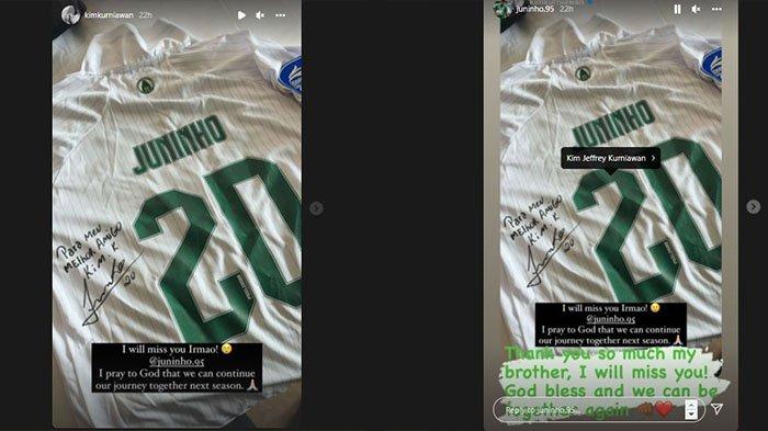 Unggahan status Kim Jeffrey Kurniawan (kiri) dan Juninho (kanan) pada postingan Instagram @kimkurniawan @juninho.95. Kim Jeffrey dan Juninho kompak unggah momen perpisahan.