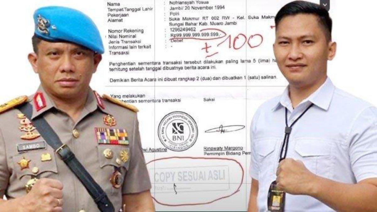 Kolase potret Ferdy Sambo (kiri), Brigadir J, dan tangkapan layar surat penghentian transaksi yang didalamnya ada tertulis saldo rekening Brigadir J hampir Rp 100 Triliun.