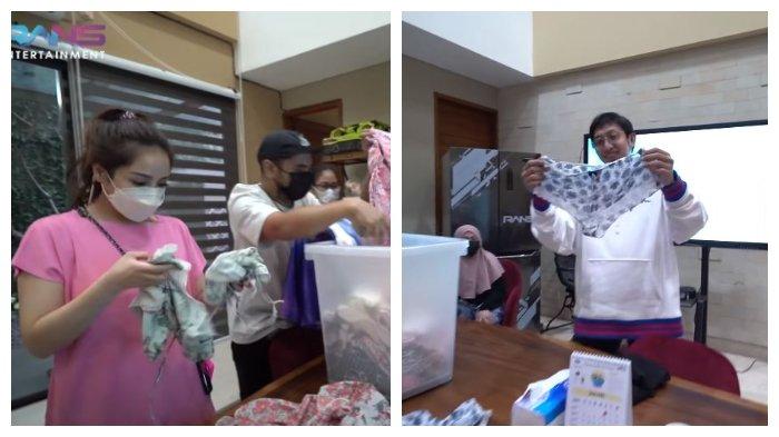 Kolase potret Nagita Slavina membagikan pakaian seksinya kepada karyawan Rans Entertainment, Sabtu (9/1/2021).