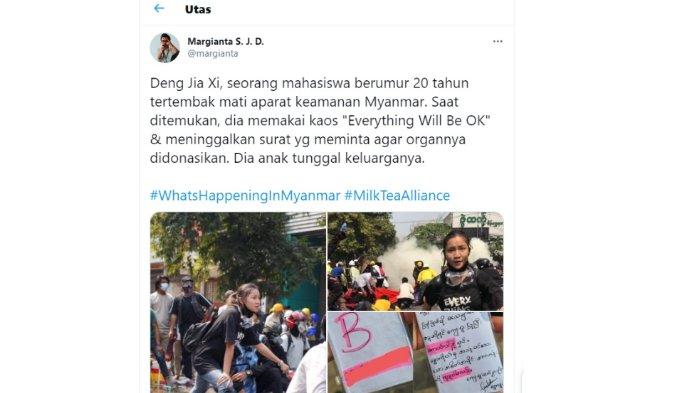 Unggahan Margianta SJ tentang mahasiswi Deng Jia Xi alias Kyal Sin (Angel) (19) yang tewas dalam demonstrasi terhadap kudeta militer Myanmar, Kamis (4/3/2021).