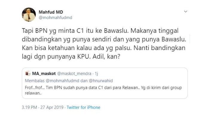 Mahfud MD Komentari BPN yang Minta C1 ke Bawaslu: Kan Bisa Ketahuan kalau Ada Yang Palsu, Adil Kan?