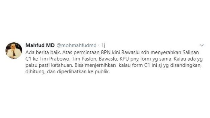 Mahfud MD Komentari BPN yang Minta C1 ke Bawaslu: Kan Bisa Ketahuan kalau Ada Yang Palsu