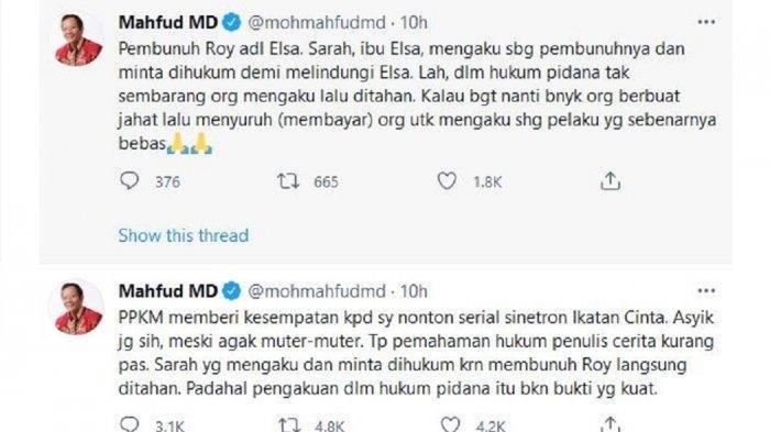 Mahfud MD kritik jalan cerita Sinetron Ikatan Cinta, Kamis (15/7/2021).