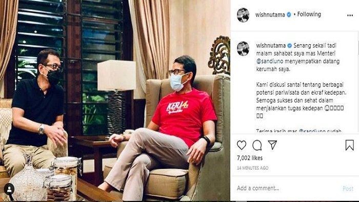 Mantan Menparekraf Wishnutama mengunggah foto kunjungan Menparekraf Sandiaga Uno yang mendatangi rumahnya.