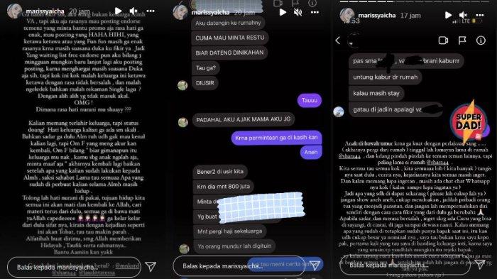 Kolase InstaStory Marissya Icha berisi sindiran terhadap keluarga mendiang Vanessa Angel, Selasa (23/11/2021).