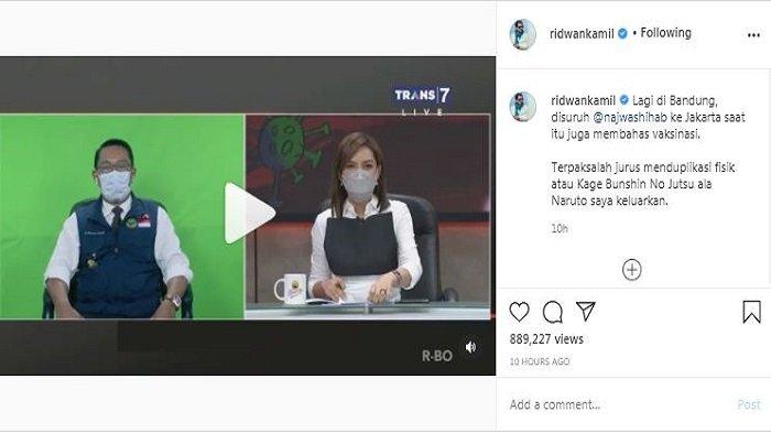 Gubernur Jawa Barat Ridwan Kamil mengunggah momen dirinya hadir secara digital pada acara Mata Najwa, Rabu (13/1/2021) kemarin.
