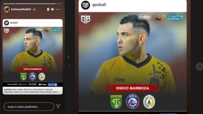 Pemain asal Brasil, Diego Barboza membagikan ulang soal rumor dirinya sedang dikaitkan dengan tiga klub Liga 1, Persebaya, Arema FC dan PSS Sleman.