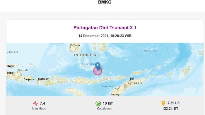 Peringatan dini potensi tsunami di NTT menyusul gempa bumi yang terjadi dengan kekuatan 7,4 magnitudo