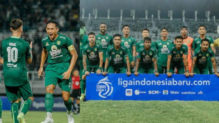 Kolase foto pemain Persebaya Surabaya yang berhasil meraih kemenangan perdana di Liga 1 2022 saat menjamu Persita Tangerang, Senin (1/8/2022).