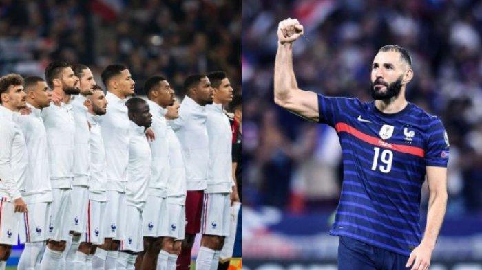 Kolase foto timnas Prancis (kiri) ketika berlaga. Karim Benzema (kanan) bisa menjadi tumpuan utama Prancis di Piala Dunia Qatar 2022.