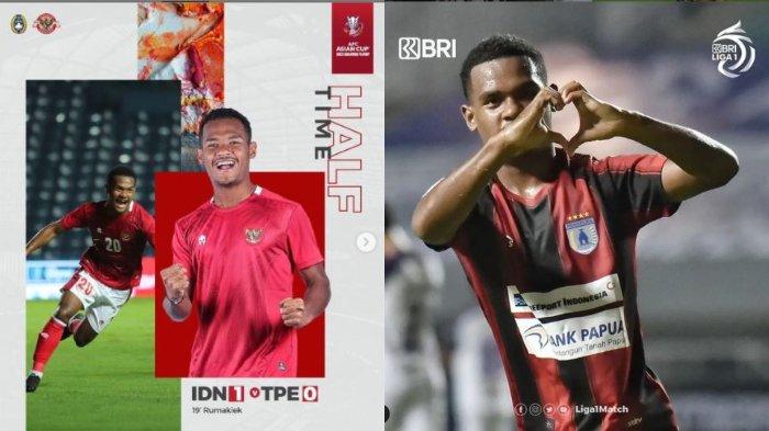 Ramai Rumakiek setelah berhasil mencetak gol perdana di Timnas Indonesia (kiri) dan saat membela Persipura Jayapura (kanan).