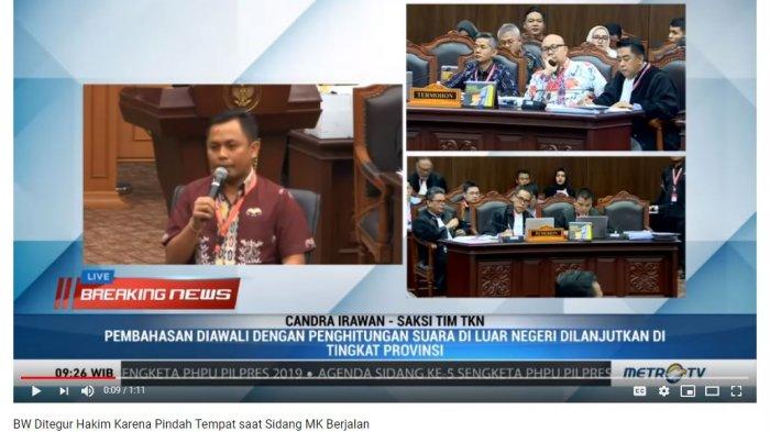 Ketua Tim Hukum Prabowo Subianto-Sandiaga Uno, Bambang Widjojanto mendapat teguran dari majelis hakim karena berpindah-pindah tempat dari tempat duduknya saat persidangan sengketa hasil Pilpres 2019 sedang berlangsung di Mahkamah Konstitusi, Jumat (21/6/2019).