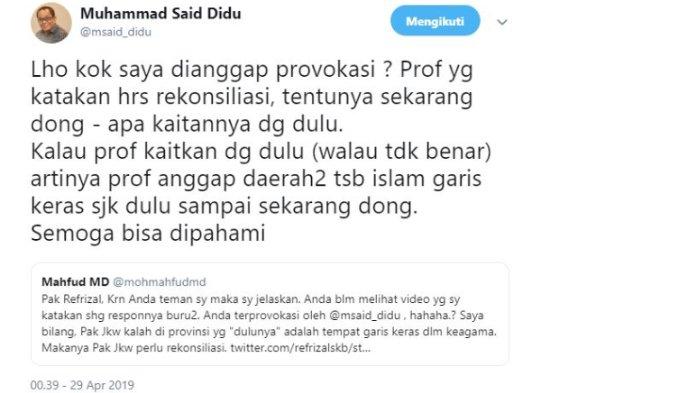 Kicauan Mantan Staf Khusus Menteri Energi dan Sumber Daya Mineral (ESDM) Said Didu, Senin (29/4/2019).