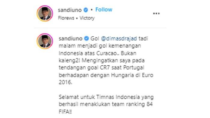 Sandiaga Uno samakan gol cantik striker Timnas Indonesia, Dimas Drajad dengan bintang Portugal, Cristiano Ronaldo.
