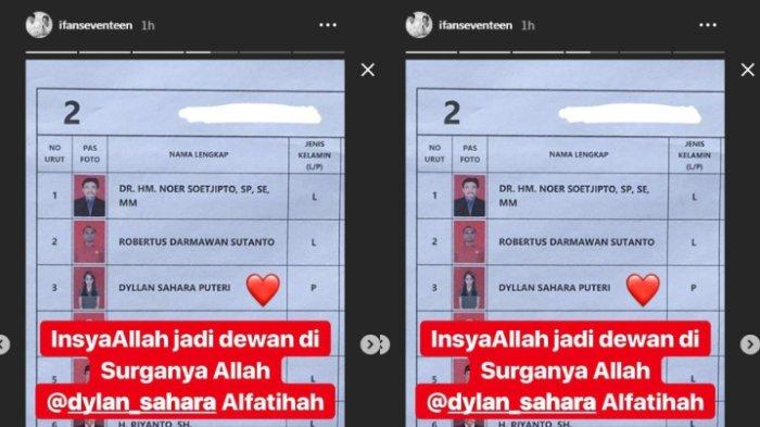 Surat suara yang mencantumkan nama dan foto Dylan Sahara Putri, istri Ifan Seventeen yang menjadi korban Tsunami Banten.