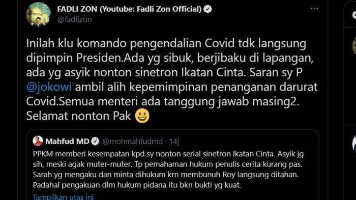 Tangkapan layar Sindiran Fadli Zon kepada Mahfud MD, Kamis (15/7/2021).
