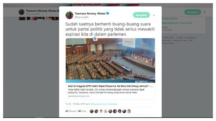 Kicauan Tsamara Amany saat mengetahui ratusan anggota DPR yang tidka menghadiri Rapat Paripurna, Selasa (19/3/2019).