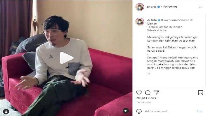 Unggahan Instagram/@dr.tirta, Selasa (6/4/2021). Dokter Tirta tak setuju pemerintah melarang kegiatan mudik.