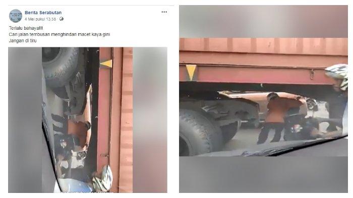 Postingan Facebook video viral emak-emak terjang kemacetan lewat bawah truk besar