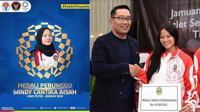 Windy Cantika Aisah (kiri) pada postingan Instagram @kemenpora pada Sabtu (24/7/2021) dan Windy Cantika Aisah bersama Ridwan Kamil (kanan) pada postingan Instagram @windycantika11 pada 31 Desember 2019. Atlet pertama di Olimpiade Tokyo 2020 yang sukses sumbang medali bagi Indonesia.